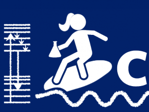 cartoon surfing female riding a duke devil tail as a wave while holding a beaker